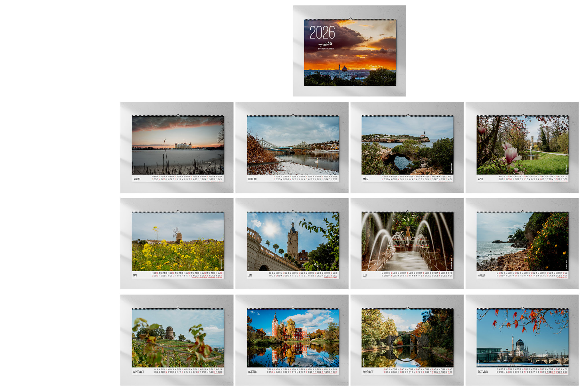 Vorschau des Fotokalenders 2026 von momentverliebt mit 12 Monatsmotiven aus Deutschland & Mallorca.